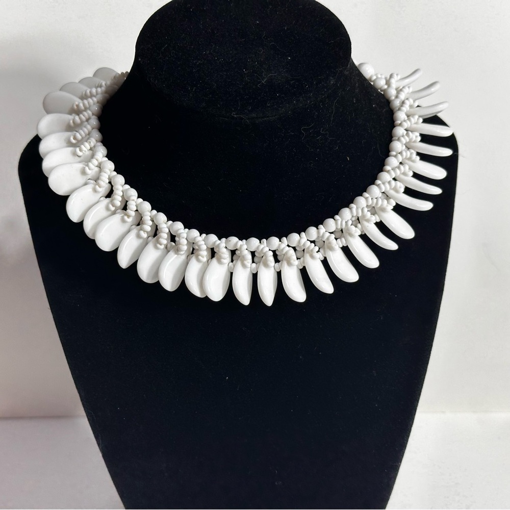 Vintage Germany Mid Century White Glass or Lucite Choker Fringe Necklace